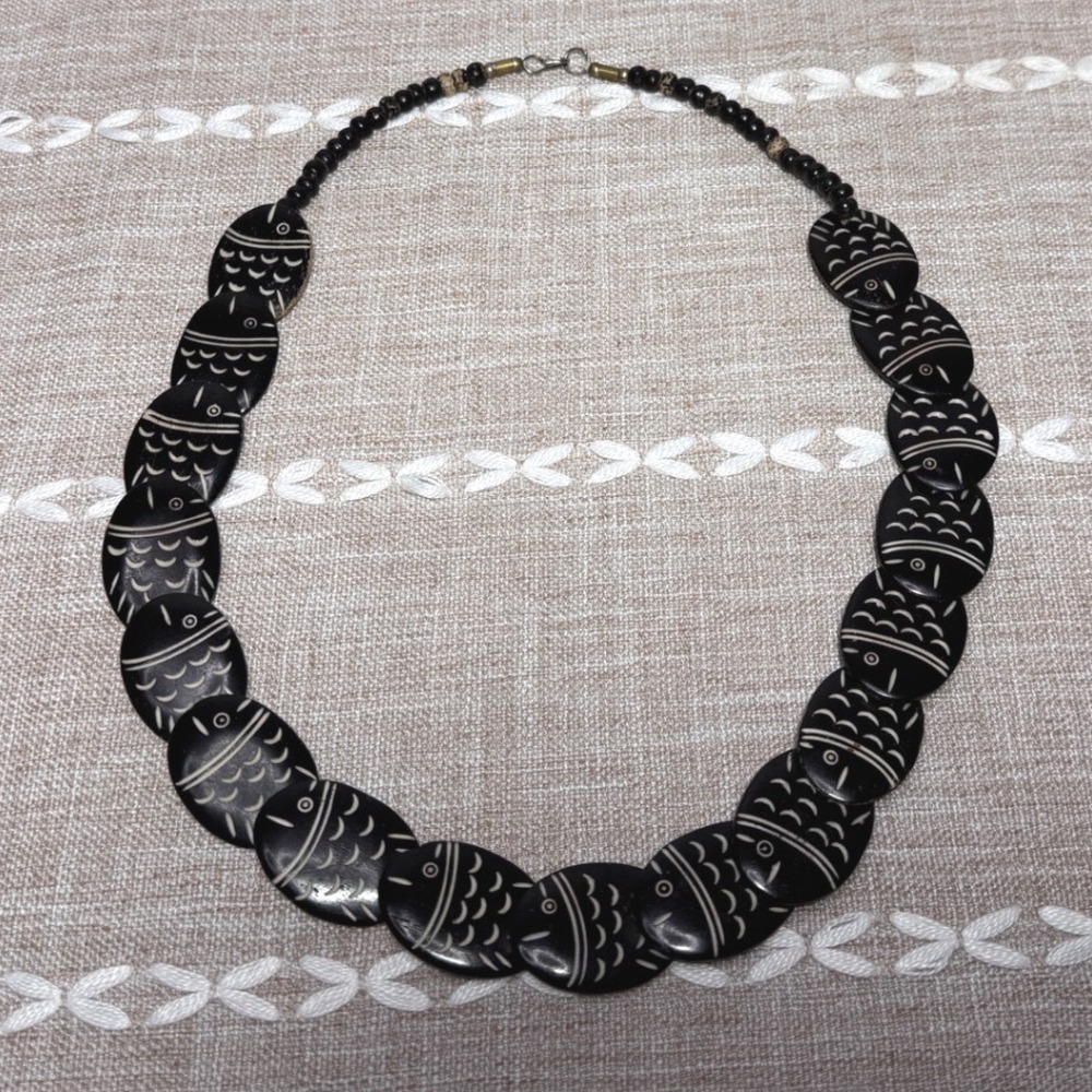 Vintage Hand Carved Fish Bone Necklace Black White Etched Tribal Coastal Boho